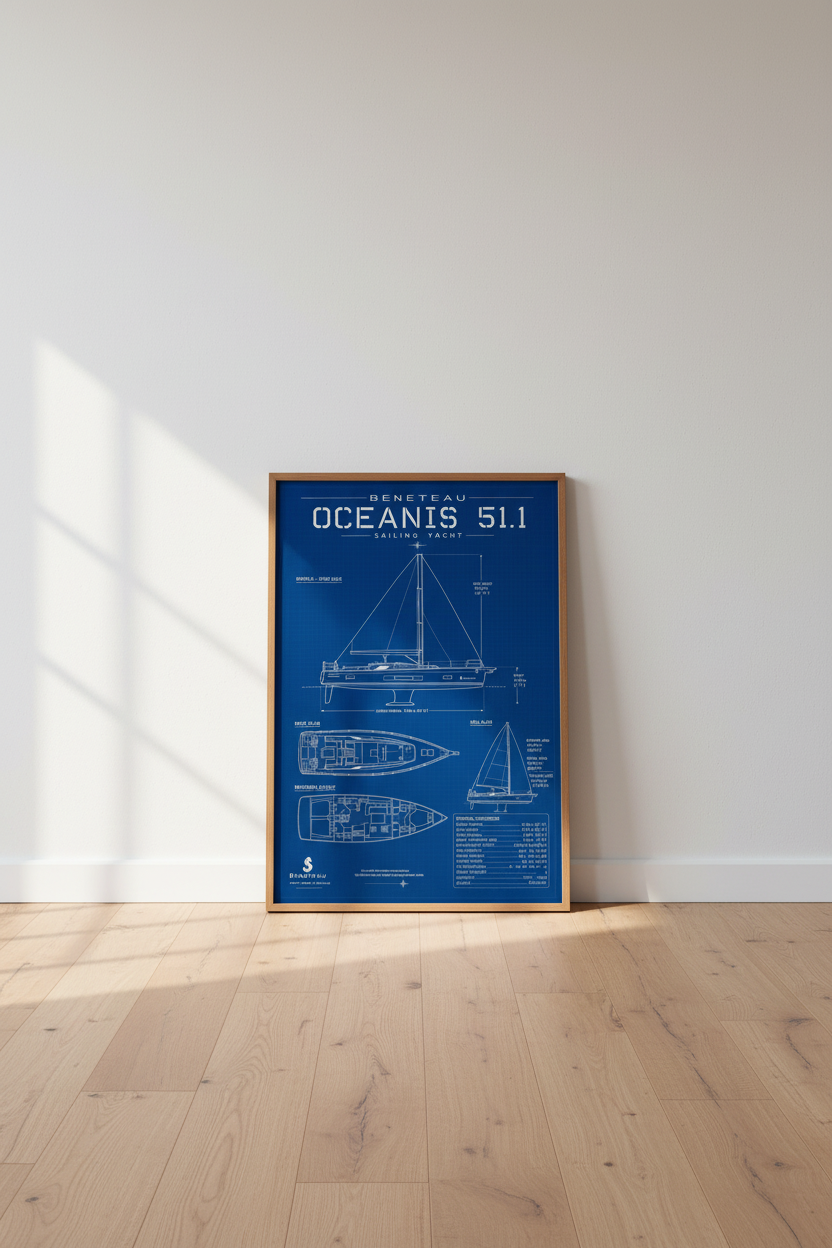 Beneteau Oceanis 51.1 Yacht Blueprint | Nautical Blue Poster Decor, Sailor Gift