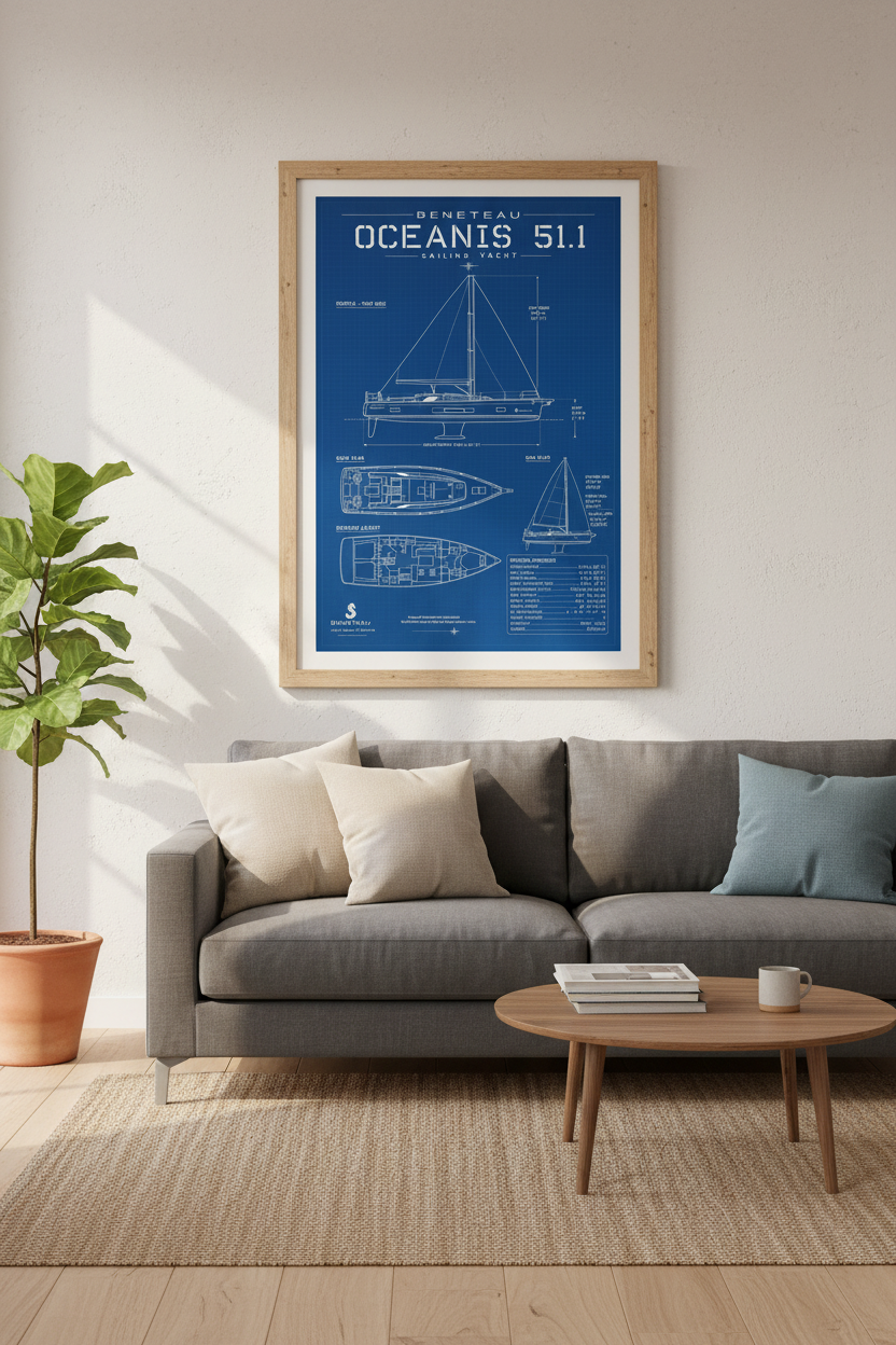 Beneteau Oceanis 51.1 Yacht Blueprint | Nautical Blue Poster Decor, Sailor Gift