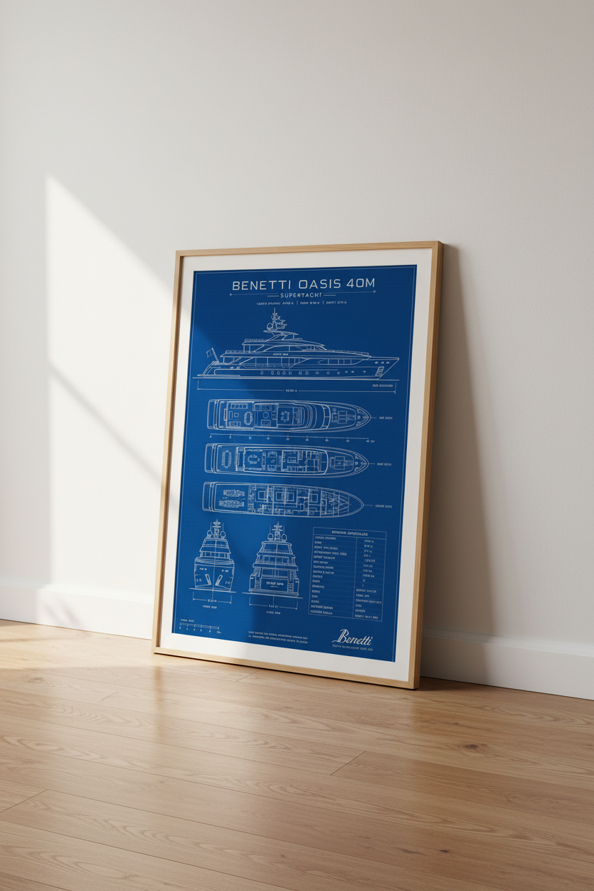 Superyacht Blueprint Wall Art | Benetti Oasis 40M Poster, Nautical Office Decor