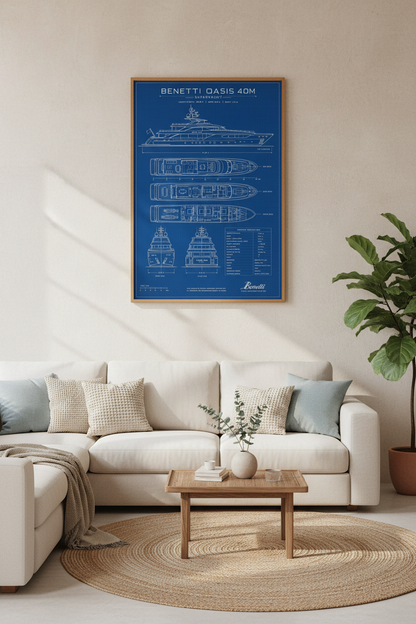 Superyacht Blueprint Wall Art | Benetti Oasis 40M Poster, Nautical Office Decor