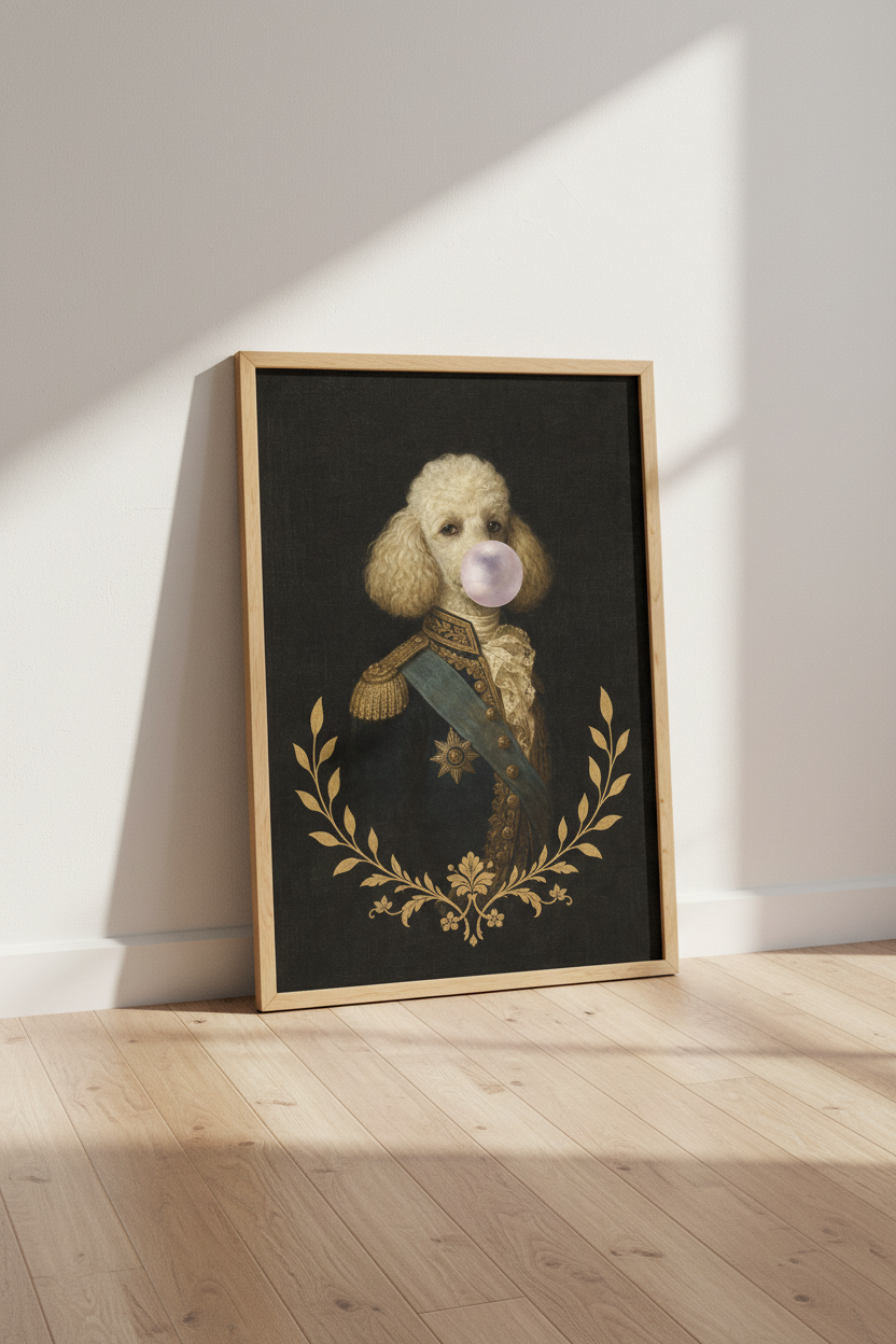 Funny Dog Wall Art Print | Poodle Military Portrait, Regal Pet Poster Decor