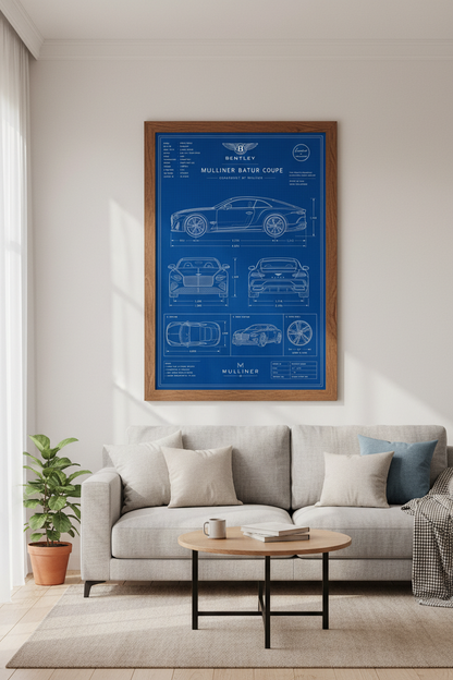 Bentley Batur Blueprint Wall Art | Automotive Blue Poster, Office Decor