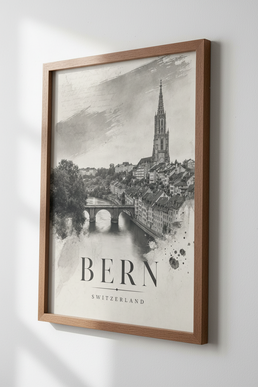 Bern Switzerland Vintage Travel Poster | Monochrome City Architecture | Gallery Wall Art