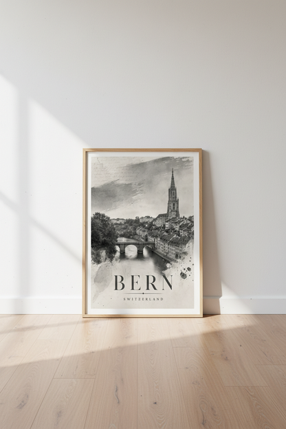 Bern Switzerland Vintage Travel Poster | Monochrome City Architecture | Gallery Wall Art
