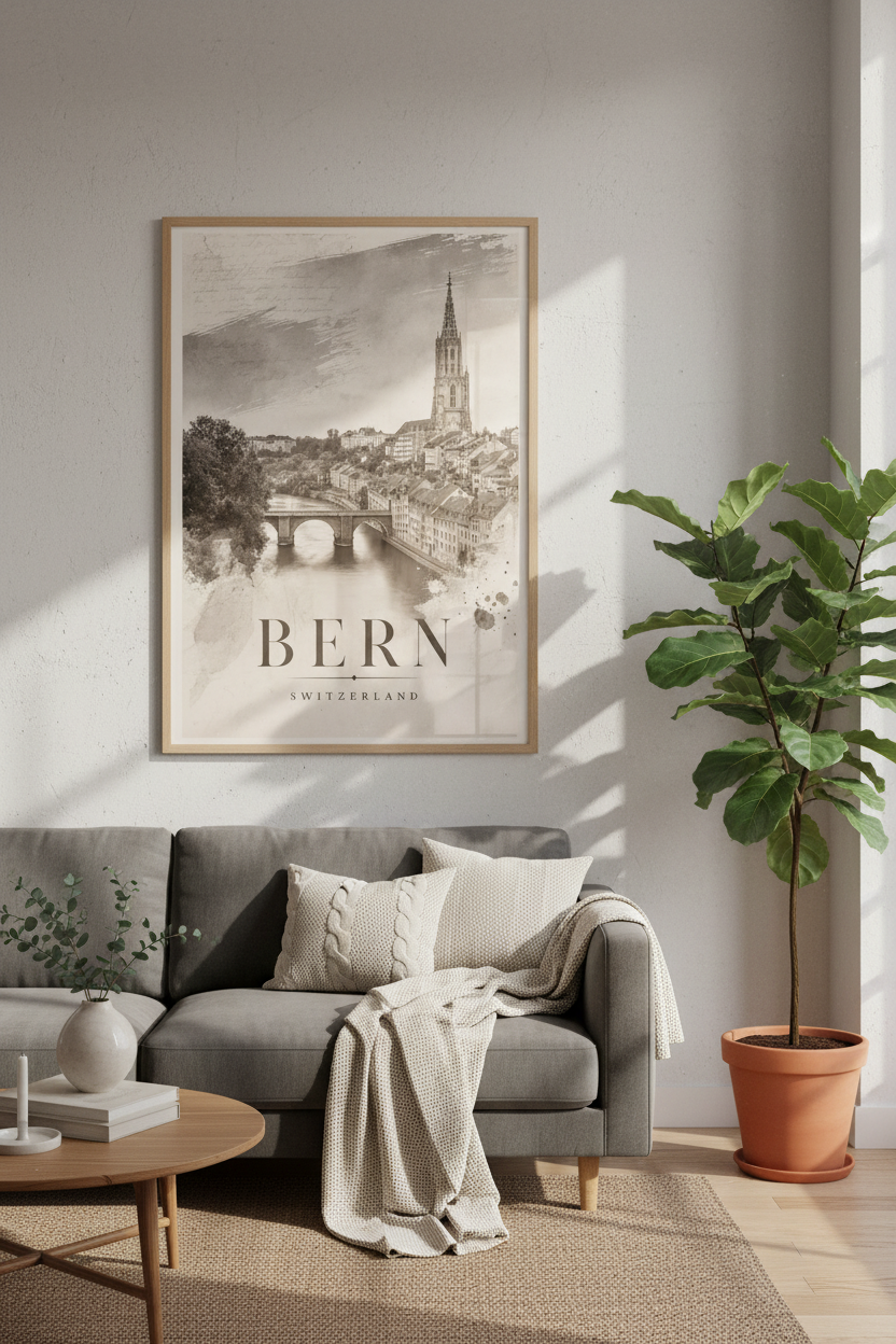 Bern Switzerland Vintage Travel Poster | Monochrome City Architecture | Gallery Wall Art