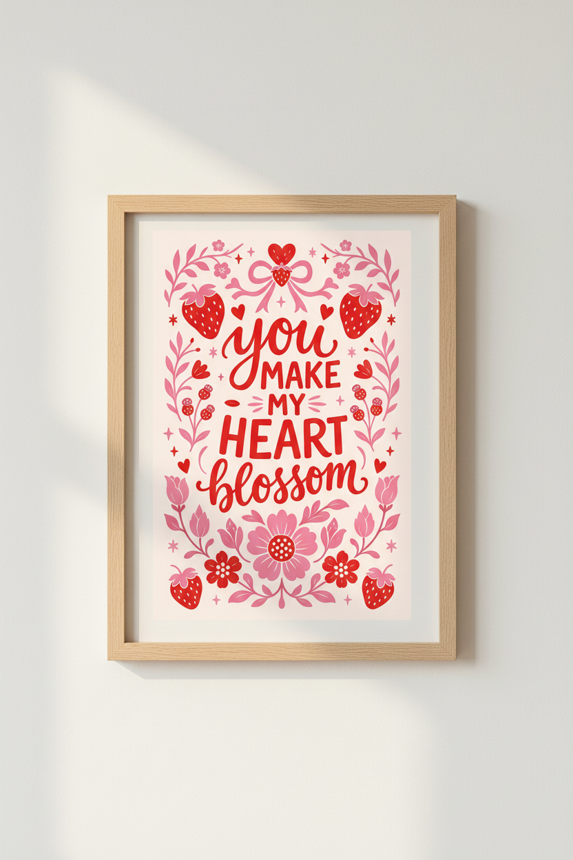 Red Strawberry Heart Poster | Pink Floral Wall Art Print | Cute Cottagecore Decor