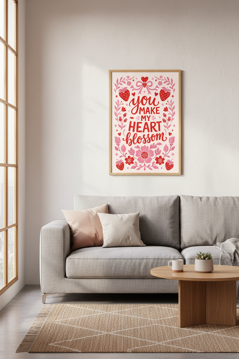 Red Strawberry Heart Poster | Pink Floral Wall Art Print | Cute Cottagecore Decor