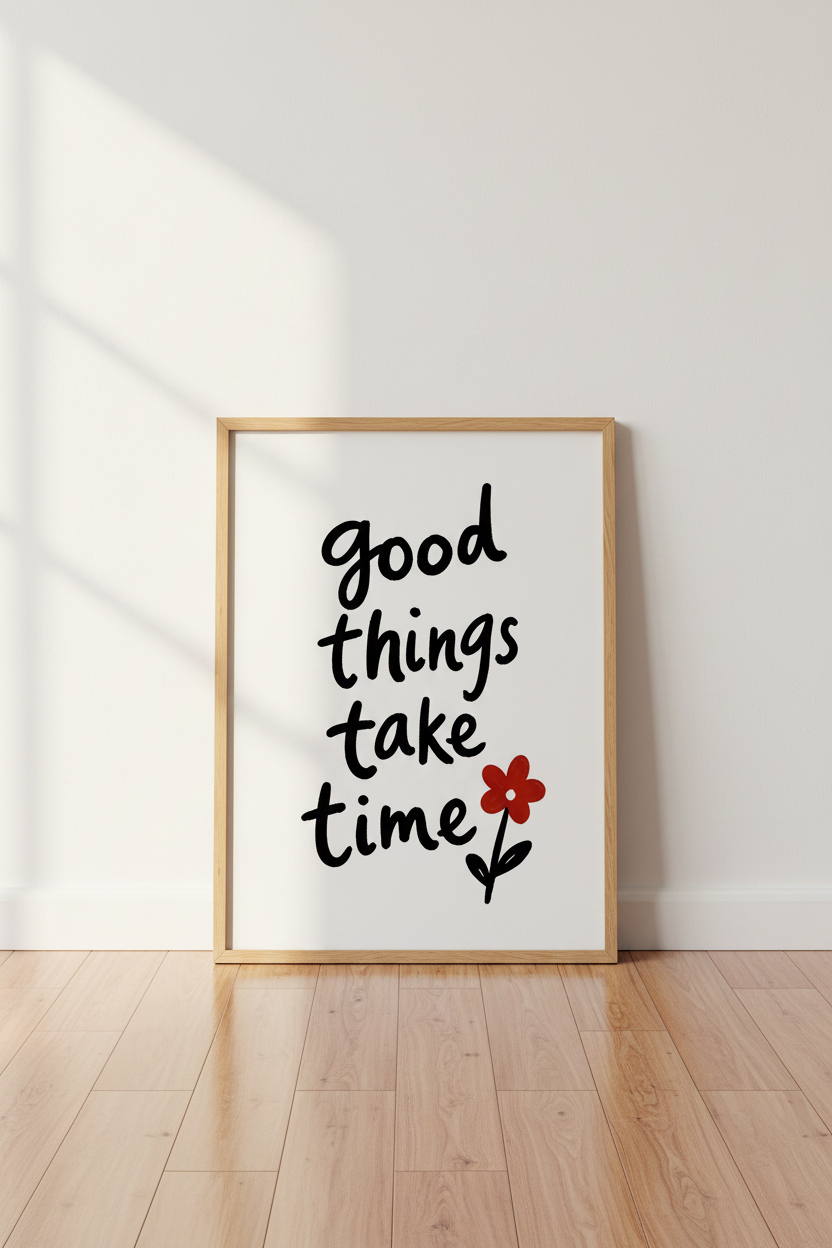 Good Things Take Time Art Print | Hand Lettered Quote, Minimalist Room Decor