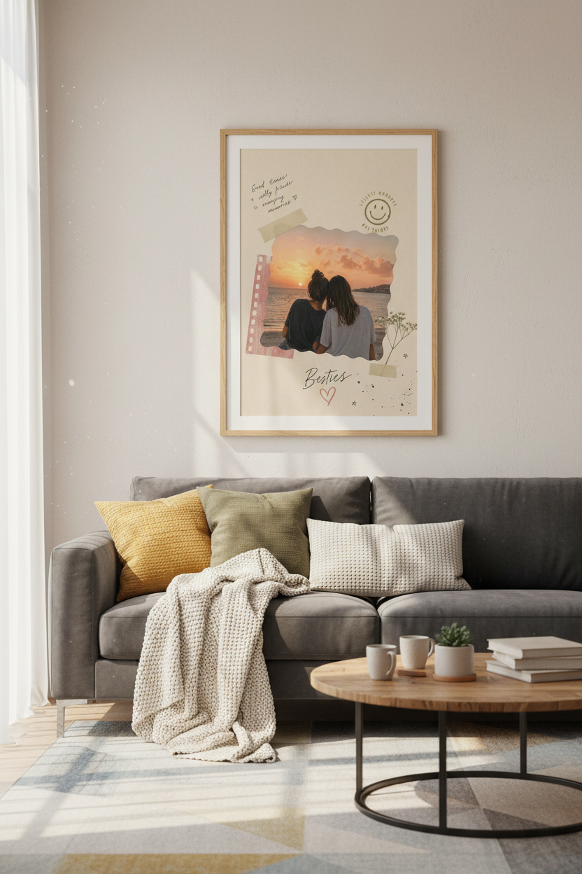 Friendship Sunset Scrapbook Wall Art | Beige Boho Decor | Aesthetic Bestie Gift Poster
