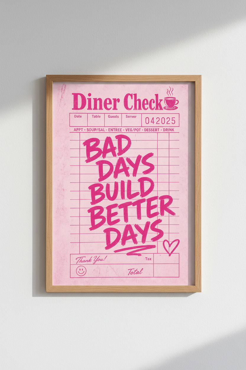 Pink Diner Check Wall Art Print | Retro Quote Poster, Trendy Pink Wall Decor