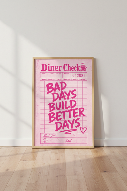 Pink Diner Check Wall Art Print | Retro Quote Poster, Trendy Pink Wall Decor