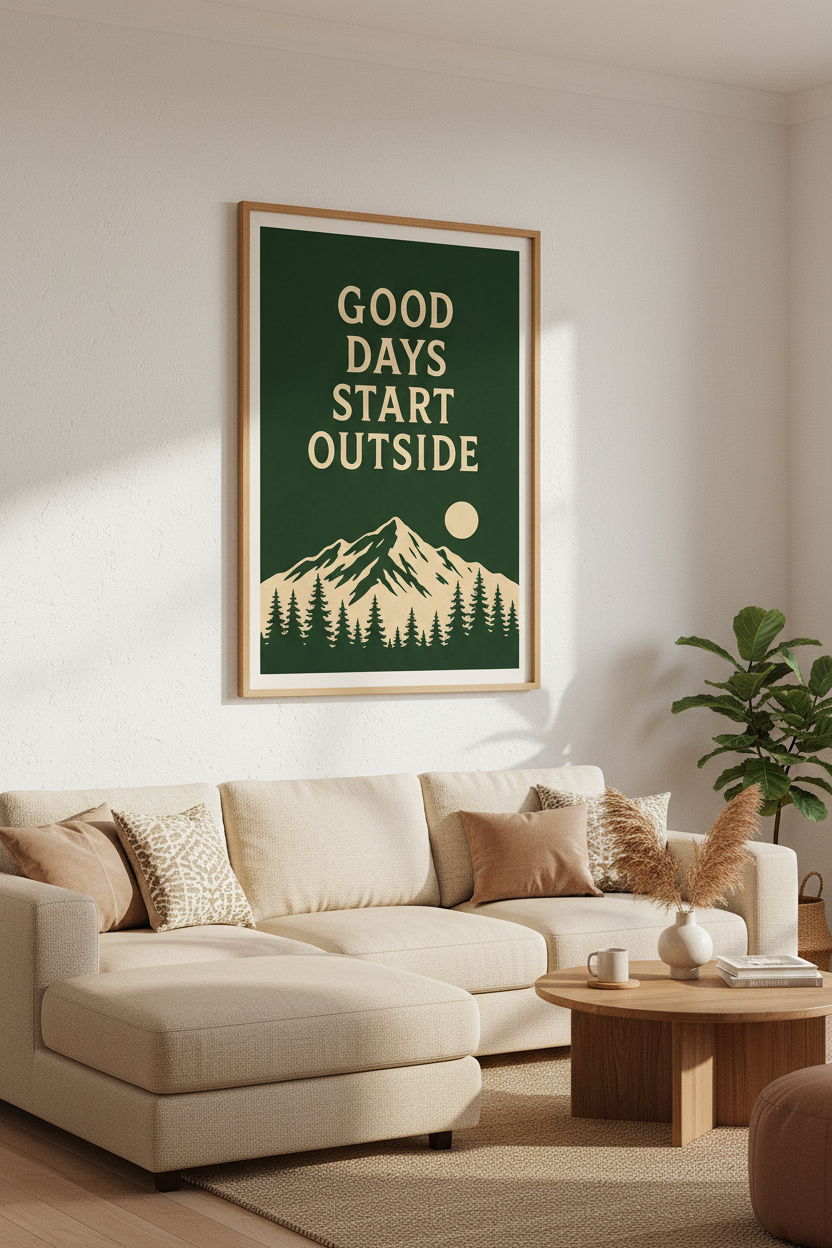 Good Days Start Outside Print | Retro Mountain Wall Art, Forest Green Decor