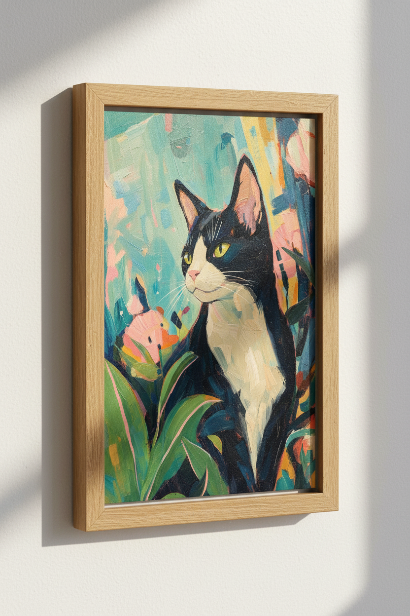Tuxedo Cat Oil Painting | Colorful Floral Wall Art, Nursery &amp; Living Room Decor