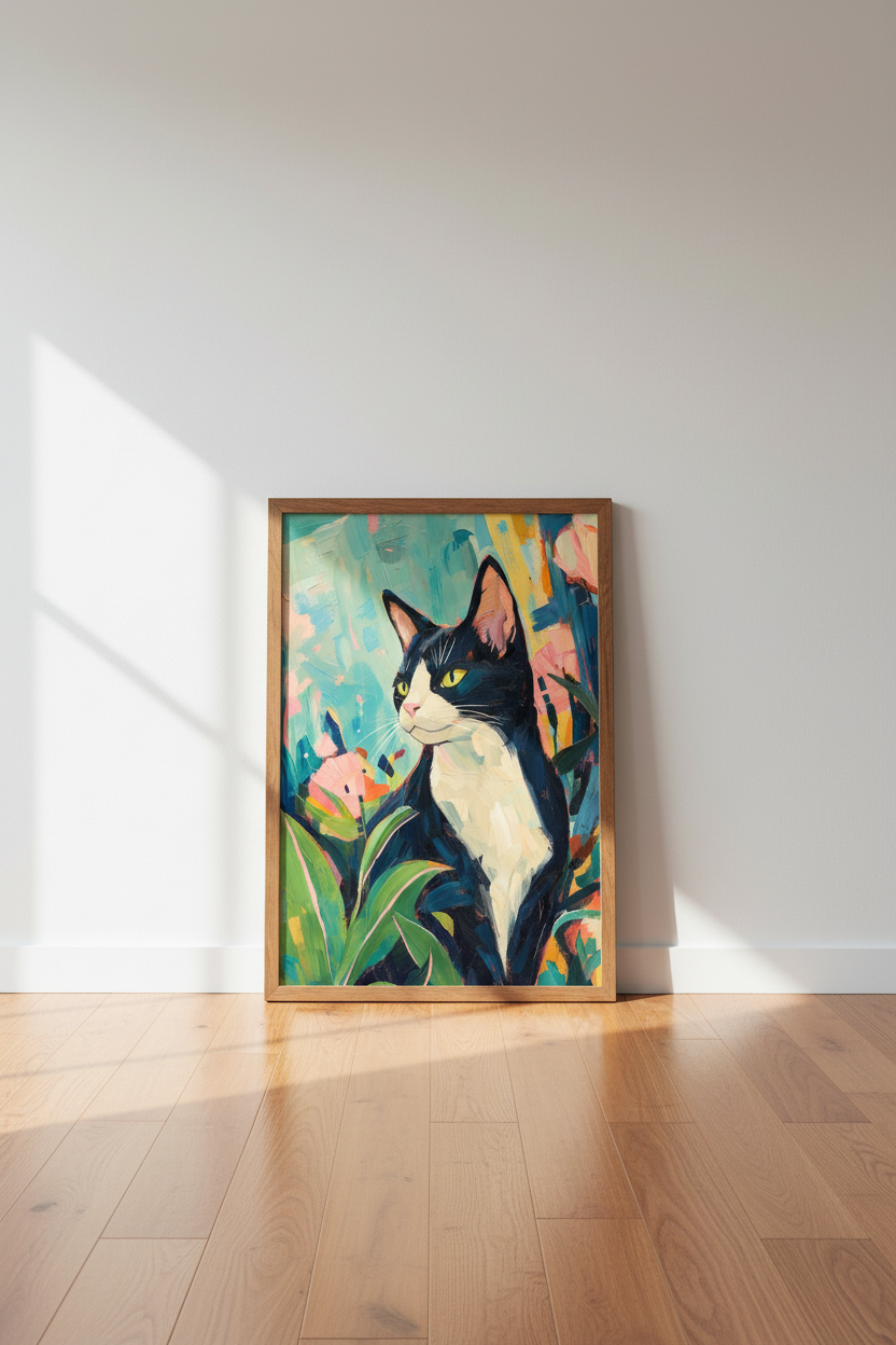 Tuxedo Cat Oil Painting | Colorful Floral Wall Art, Nursery &amp; Living Room Decor