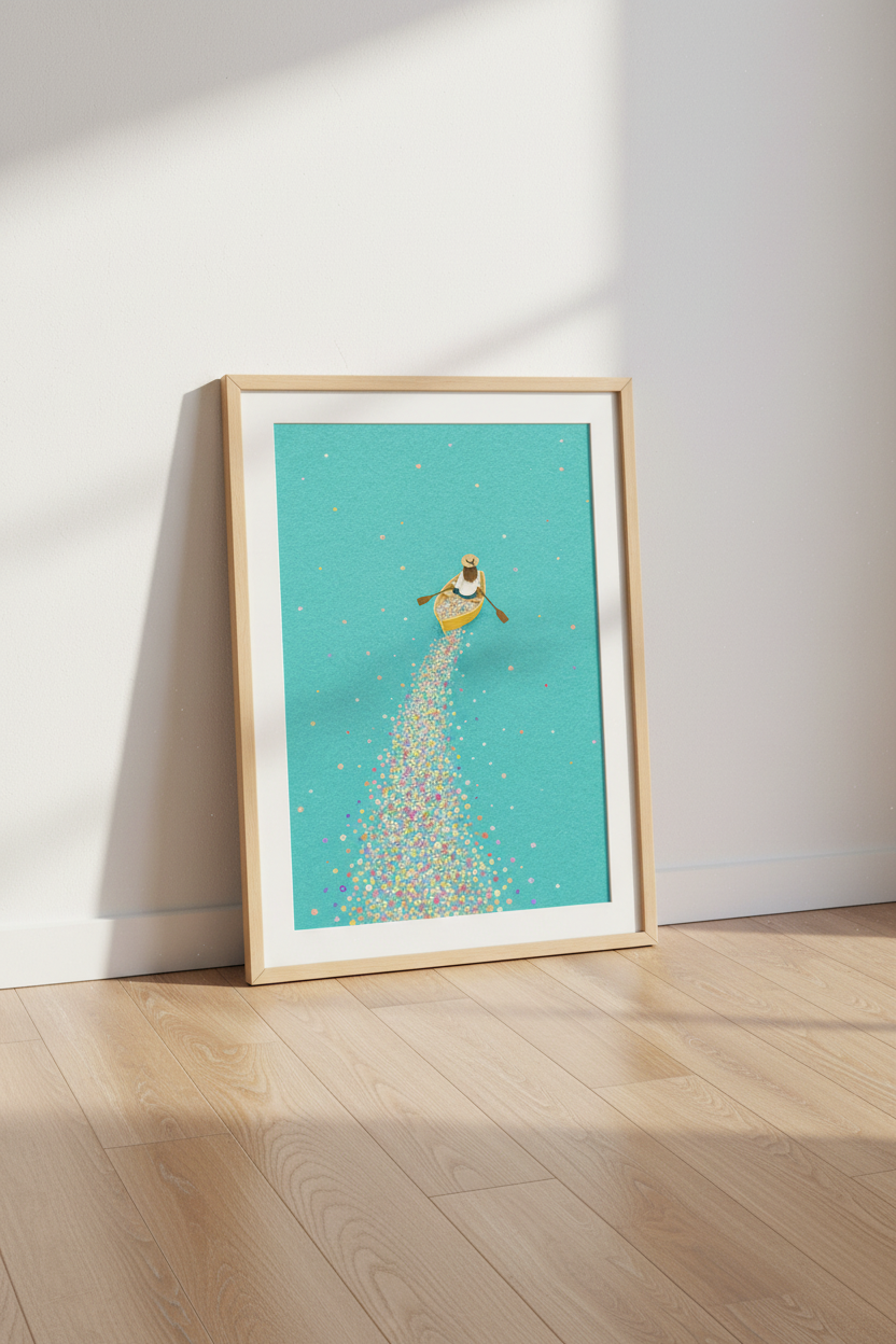 Floral Boat Journey Wall Art | Teal &amp; Gold Whimsical Poster | Modern Bedroom Decor