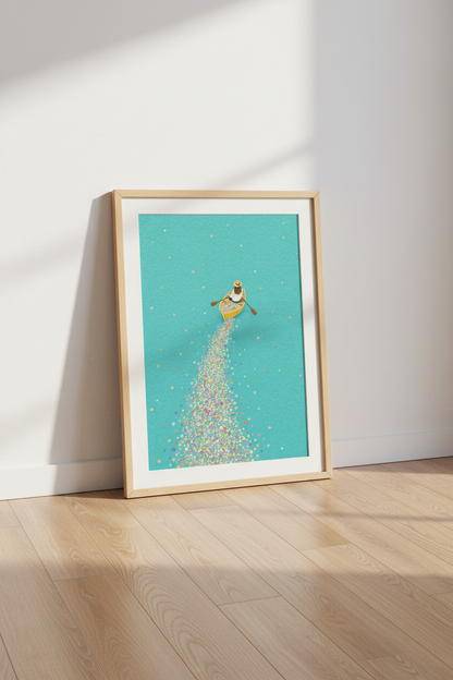 Floral Boat Journey Wall Art | Teal &amp; Gold Whimsical Poster | Modern Bedroom Decor