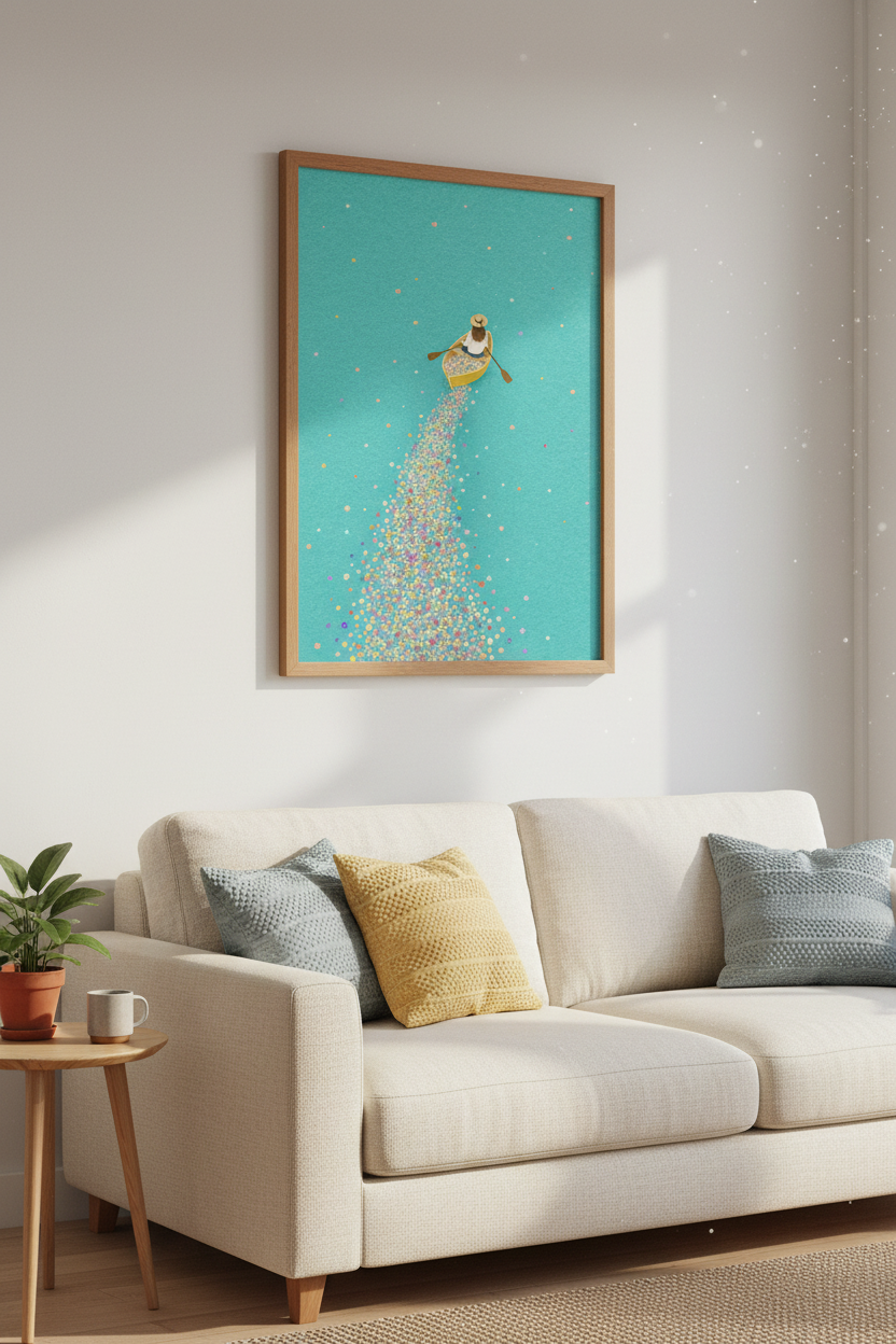Floral Boat Journey Wall Art | Teal &amp; Gold Whimsical Poster | Modern Bedroom Decor