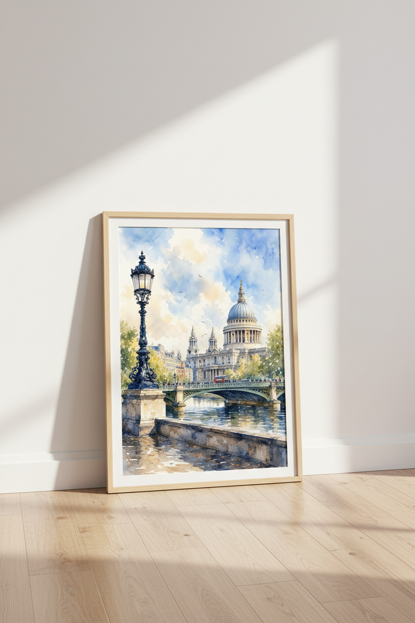 St Pauls Cathedral London Watercolor | Cityscape Travel Print, Living Room Decor
