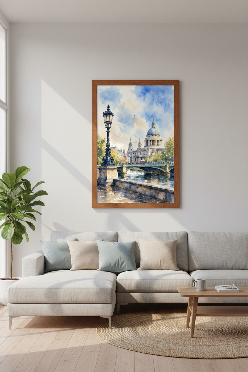 St Pauls Cathedral London Watercolor | Cityscape Travel Print, Living Room Decor