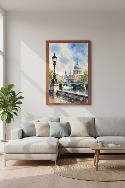 St Pauls Cathedral London Watercolor | Cityscape Travel Print, Living Room Decor