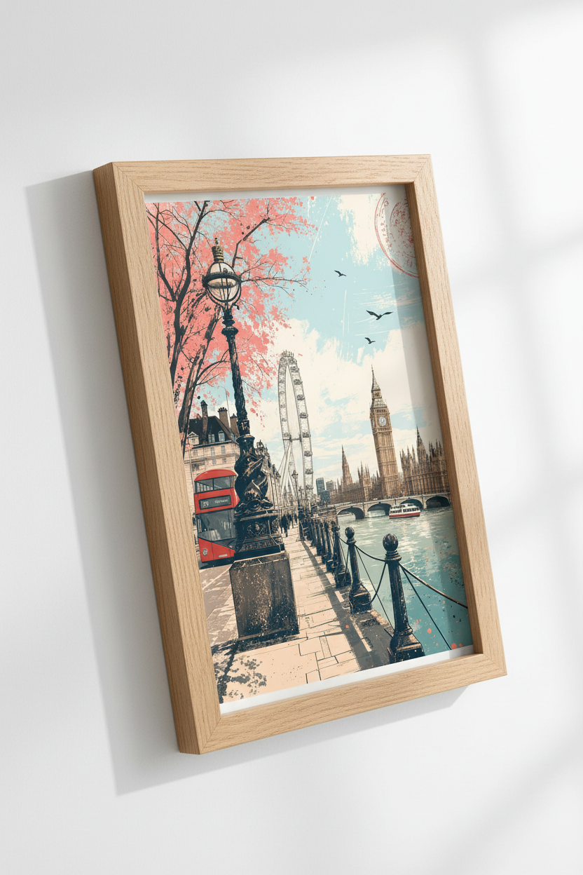 London Cityscape Wall Art | Vintage Travel Poster, Big Ben &amp; Red Bus Decor