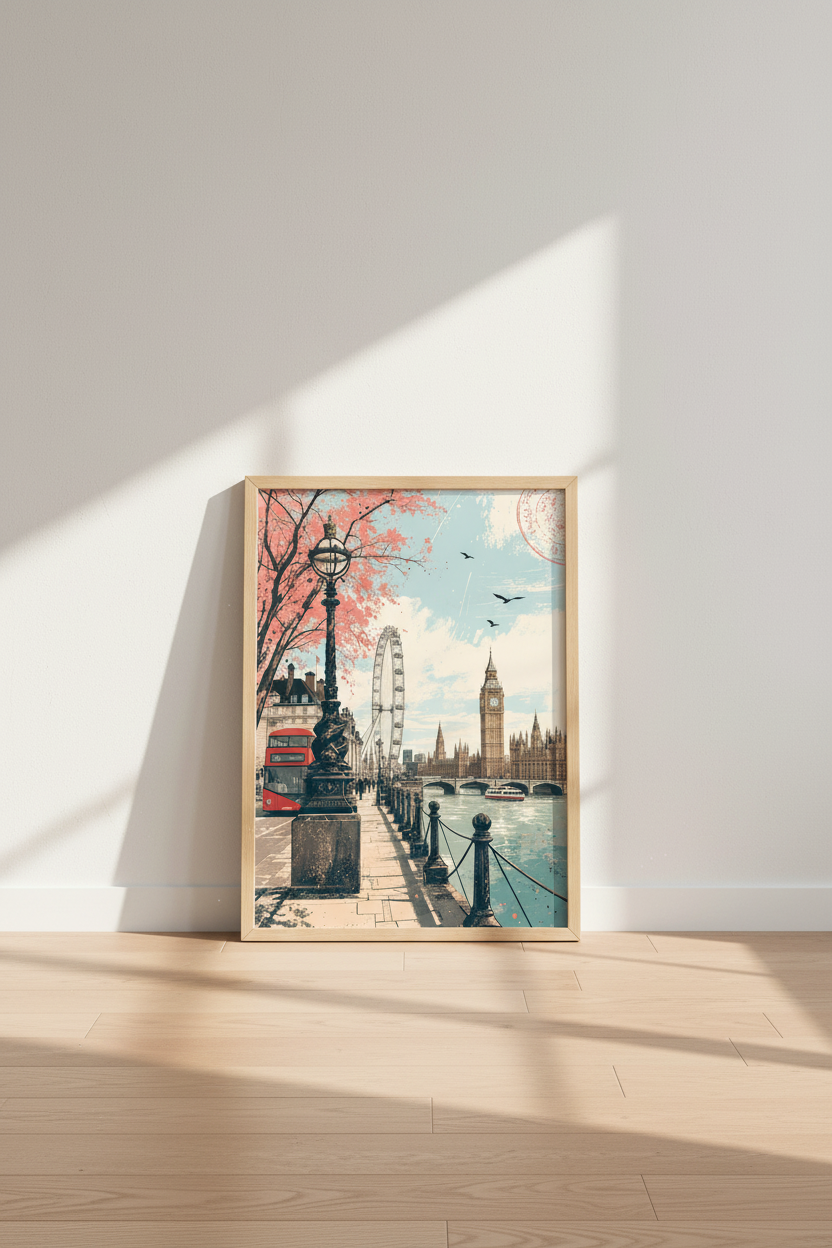 London Cityscape Wall Art | Vintage Travel Poster, Big Ben &amp; Red Bus Decor
