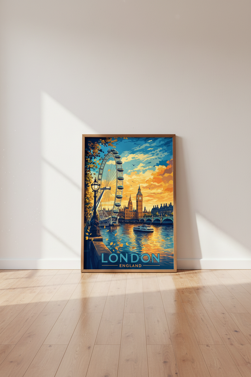 London Eye Big Ben Travel Poster | Vintage Sunset Cityscape | London Wall Art Print