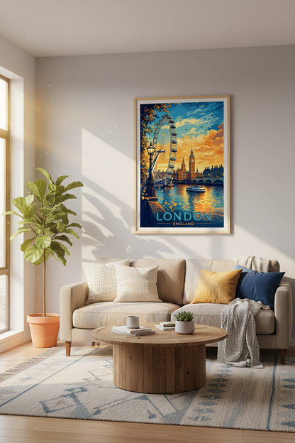London Eye Big Ben Travel Poster | Vintage Sunset Cityscape | London Wall Art Print
