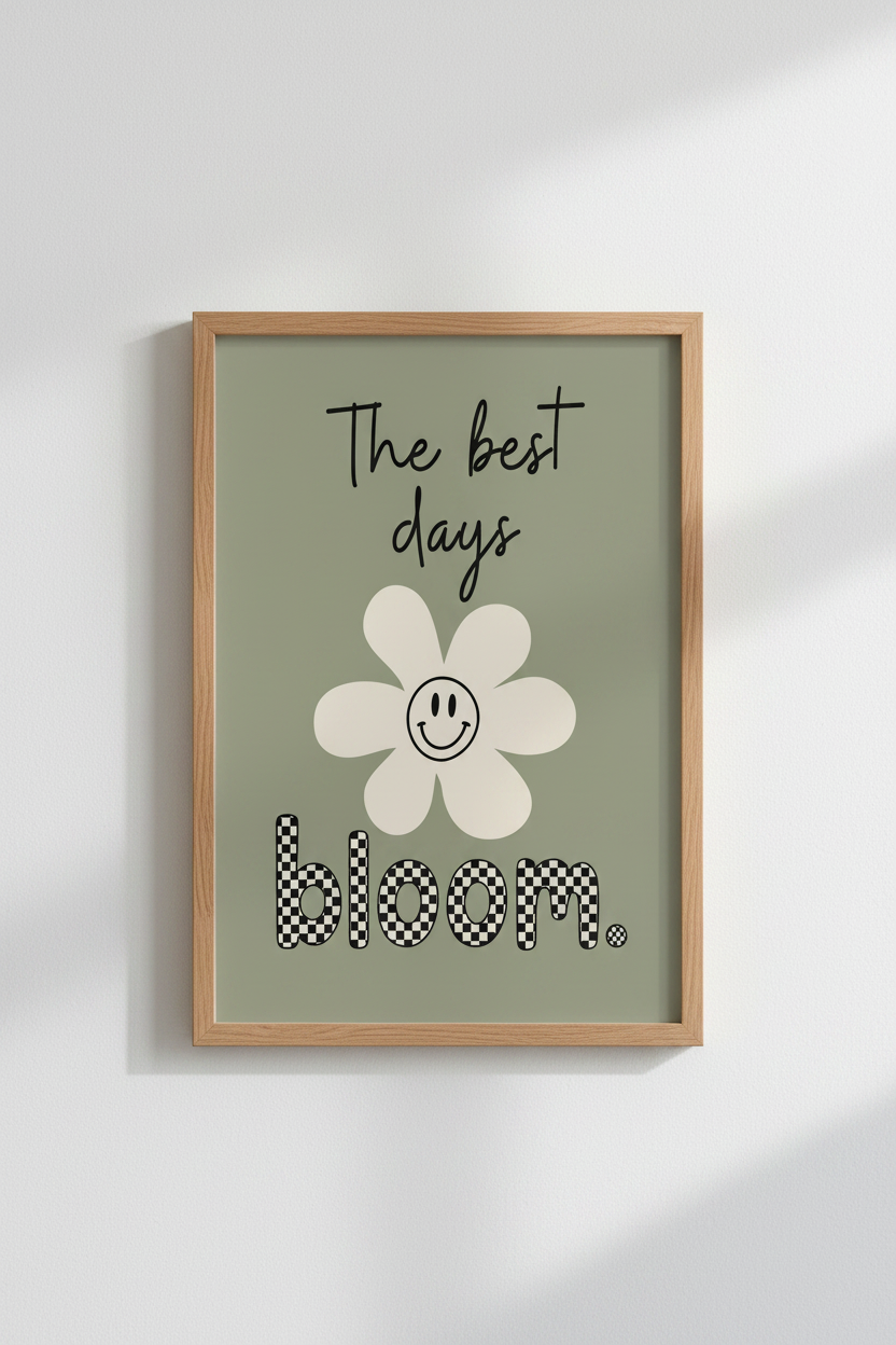 Retro Smiley Flower Wall Art | Sage Green Preppy Poster, Dorm Room Decor