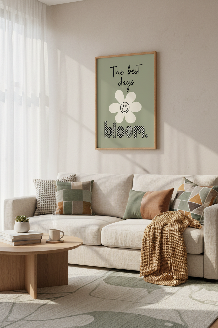 Retro Smiley Flower Wall Art | Sage Green Preppy Poster, Dorm Room Decor