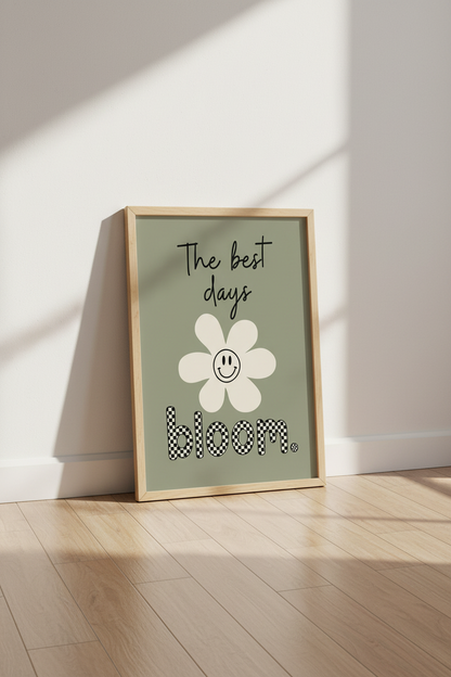 Retro Smiley Flower Wall Art | Sage Green Preppy Poster, Dorm Room Decor