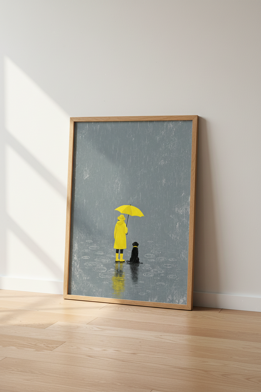 Black Dog &amp; Yellow Raincoat Wall Art | Minimalist Rainy Day Poster, Dog Lover Gift