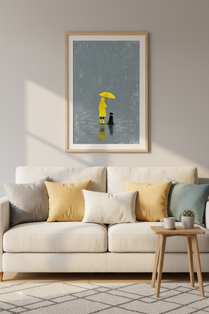 Black Dog &amp; Yellow Raincoat Wall Art | Minimalist Rainy Day Poster, Dog Lover Gift