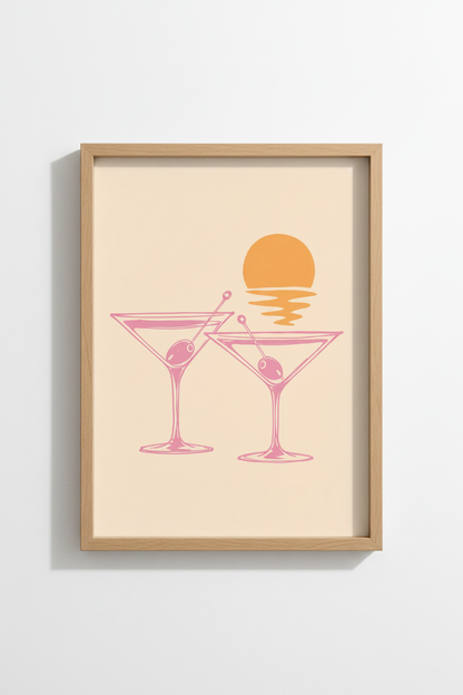 Martini Bar Wall Art Print | Pink Retro Cocktail Poster | Coastal Bar Cart Decor