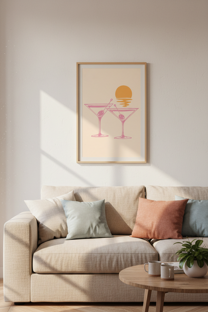 Martini Bar Wall Art Print | Pink Retro Cocktail Poster | Coastal Bar Cart Decor