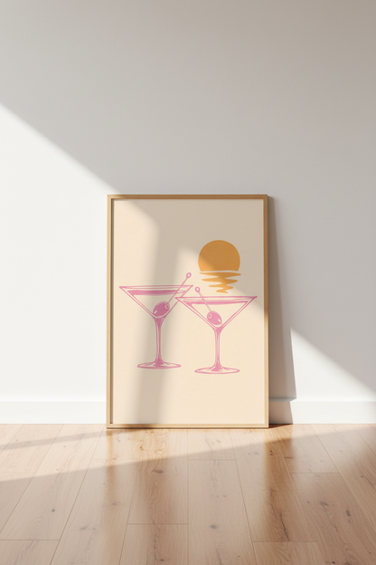 Martini Bar Wall Art Print | Pink Retro Cocktail Poster | Coastal Bar Cart Decor