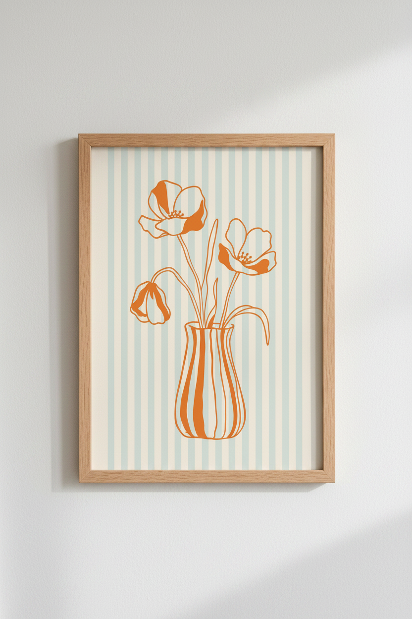 Danish Pastel Floral Print | Orange Flower Stripe Poster, Retro Boho Wall Art