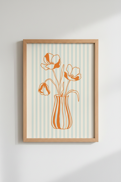 Danish Pastel Floral Print | Orange Flower Stripe Poster, Retro Boho Wall Art