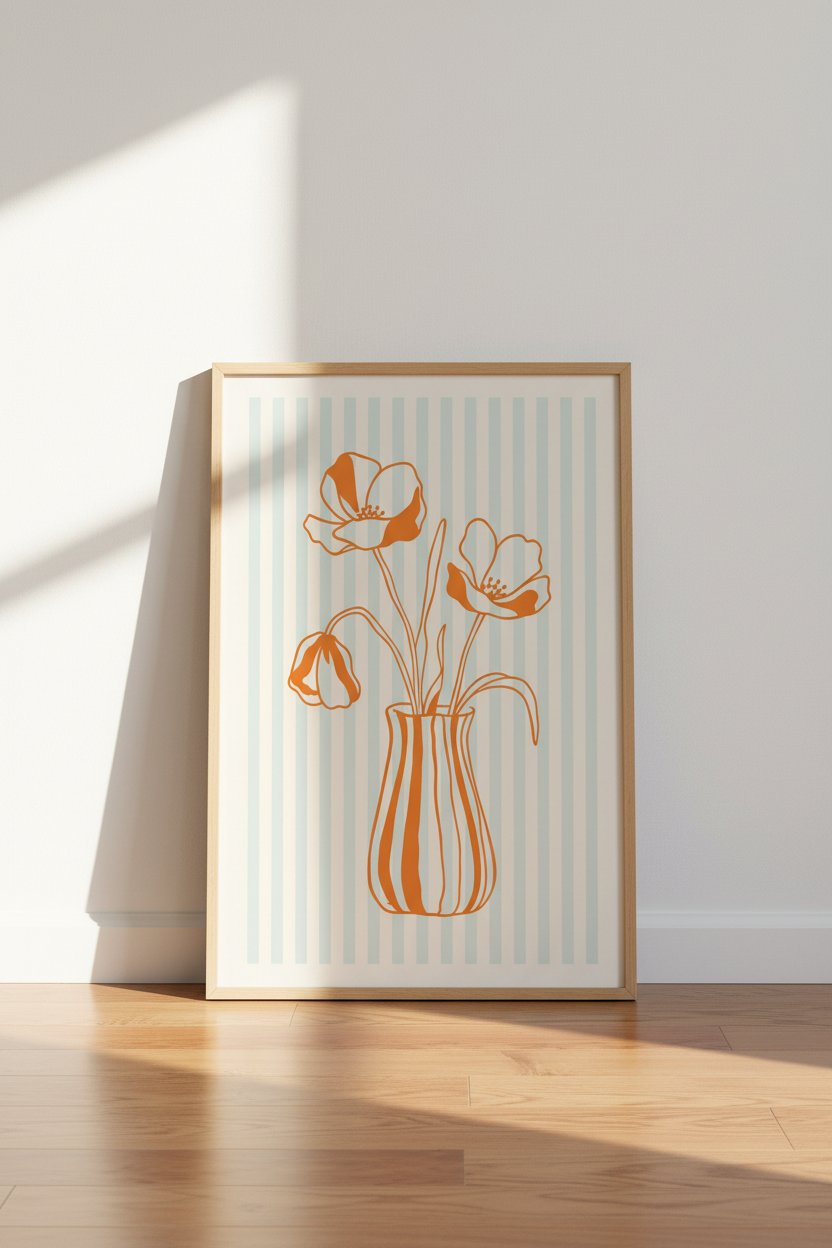 Danish Pastel Floral Print | Orange Flower Stripe Poster, Retro Boho Wall Art