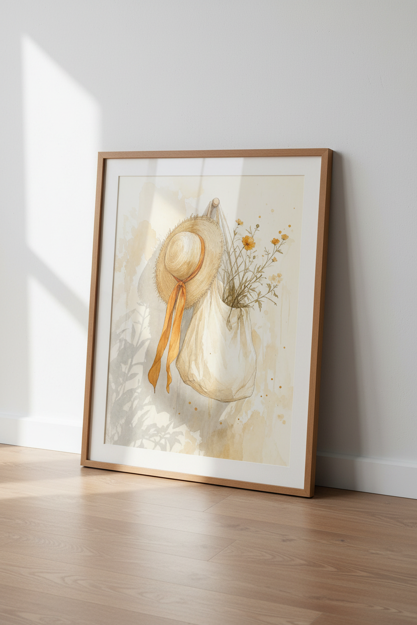Wildflower &amp; Sun Hat Watercolor | Rustic Summer Decor, Farmhouse Poster