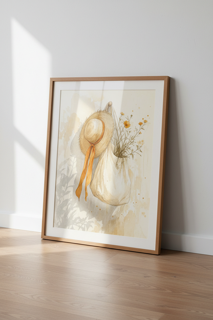 Wildflower &amp; Sun Hat Watercolor | Rustic Summer Decor, Farmhouse Poster