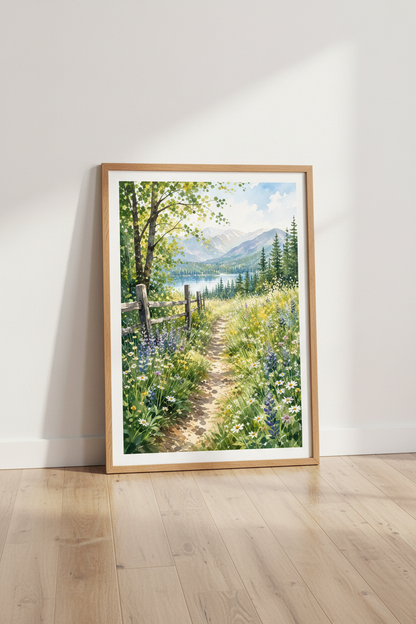 Mountain Wildflower Landscape Art | Watercolor Meadow Poster, Farmhouse Room Decor