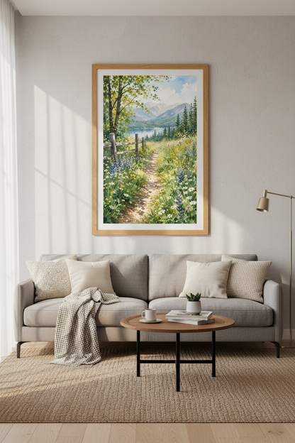 Mountain Wildflower Landscape Art | Watercolor Meadow Poster, Farmhouse Room Decor