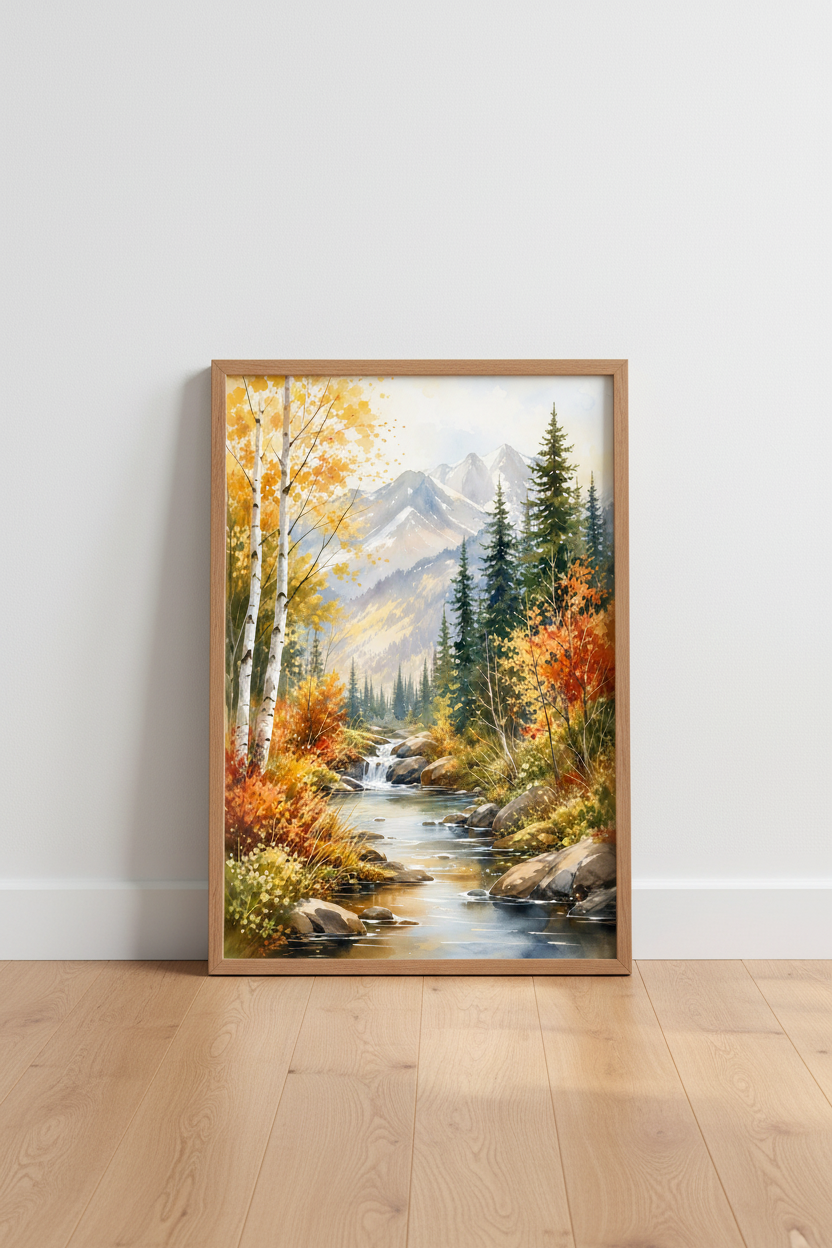 Autumn Mountain Landscape Wall Art | Watercolor Forest River, Nature Decor Print