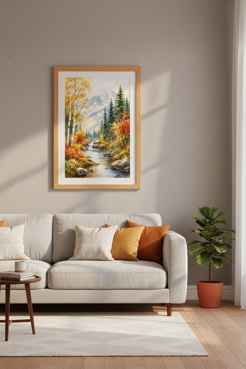 Autumn Mountain Landscape Wall Art | Watercolor Forest River, Nature Decor Print