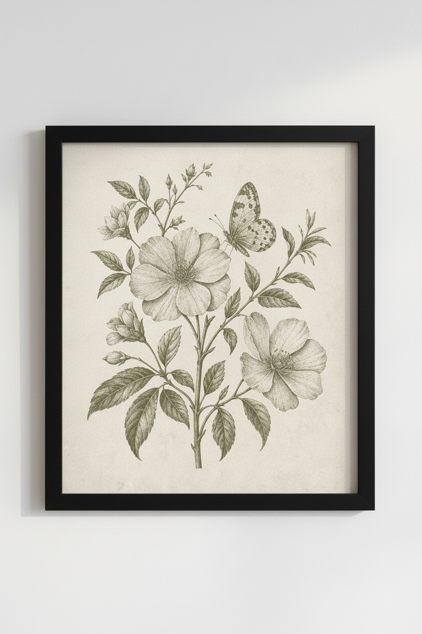 Vintage Botanical Flower Garden Wall Art | Sage Green Butterfly Poster, Bedroom Decor