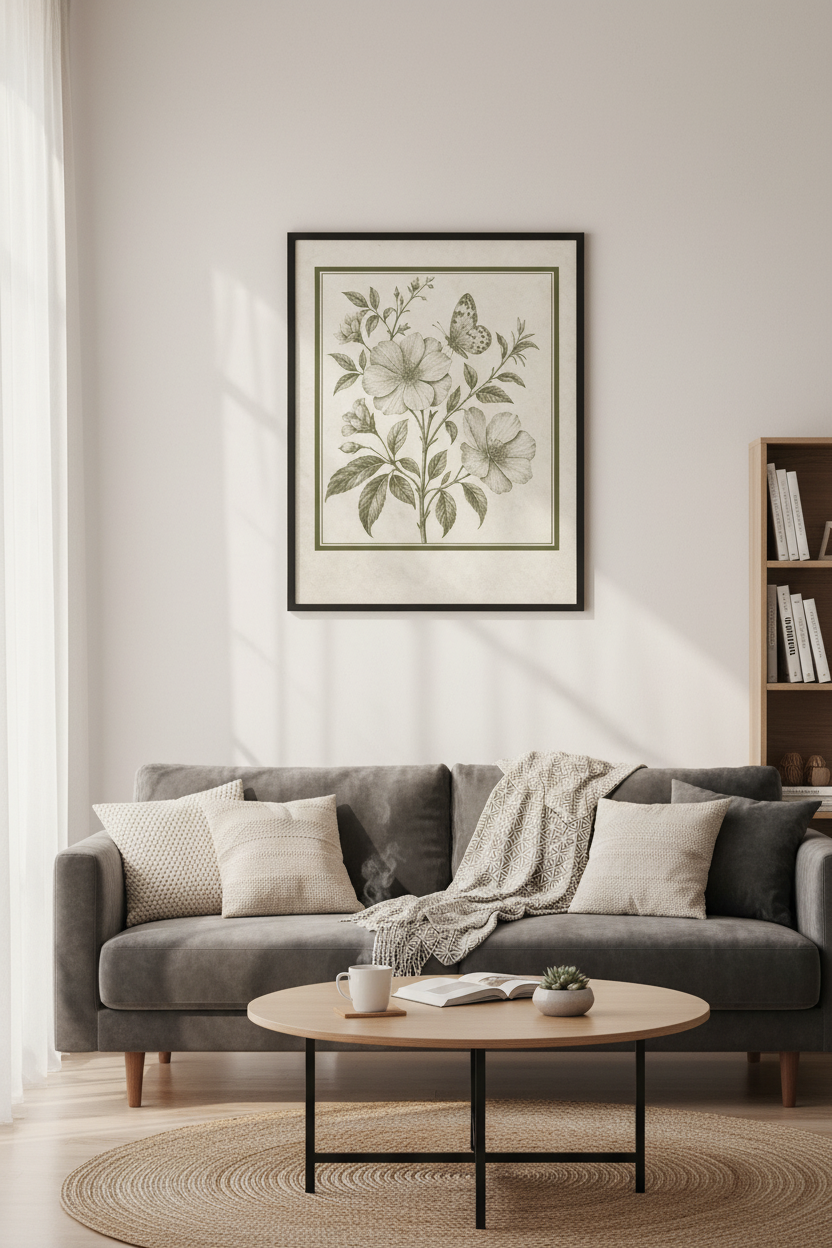 Vintage Botanical Flower Garden Wall Art | Sage Green Butterfly Poster, Bedroom Decor
