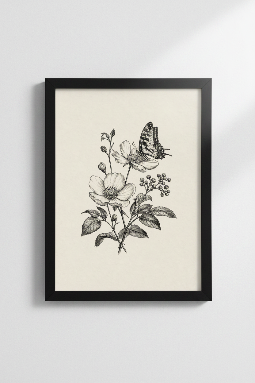 Vintage Rose &amp; Butterfly Wall Art | Botanical Ink Sketch | Neutral Cottagecore Poster