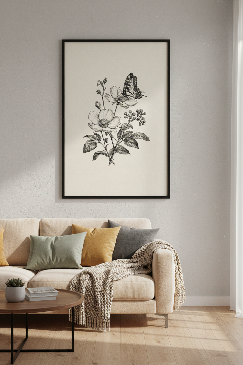 Vintage Rose &amp; Butterfly Wall Art | Botanical Ink Sketch | Neutral Cottagecore Poster