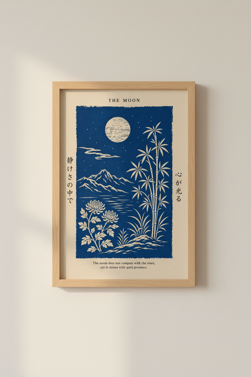 Zen wall art | Japanese Ukiyo-e Moonlit Bamboo Nightscape | Indigo Living Room Decor